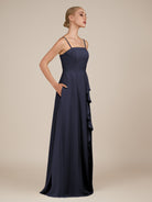 KissDress-Queniva Dusk Blue Sheath Chiffon Spaghetti Straps Ruffles Long Bridesmaid Dress with Slit