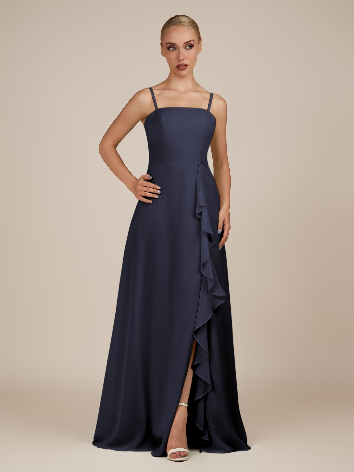 KissDress-Queniva Dusk Blue Sheath Chiffon Spaghetti Straps Ruffles Long Bridesmaid Dress with Slit