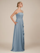 KissDress-Queniva Dusty Blue Sheath Chiffon Spaghetti Straps Ruffles Long Bridesmaid Dress with Slit