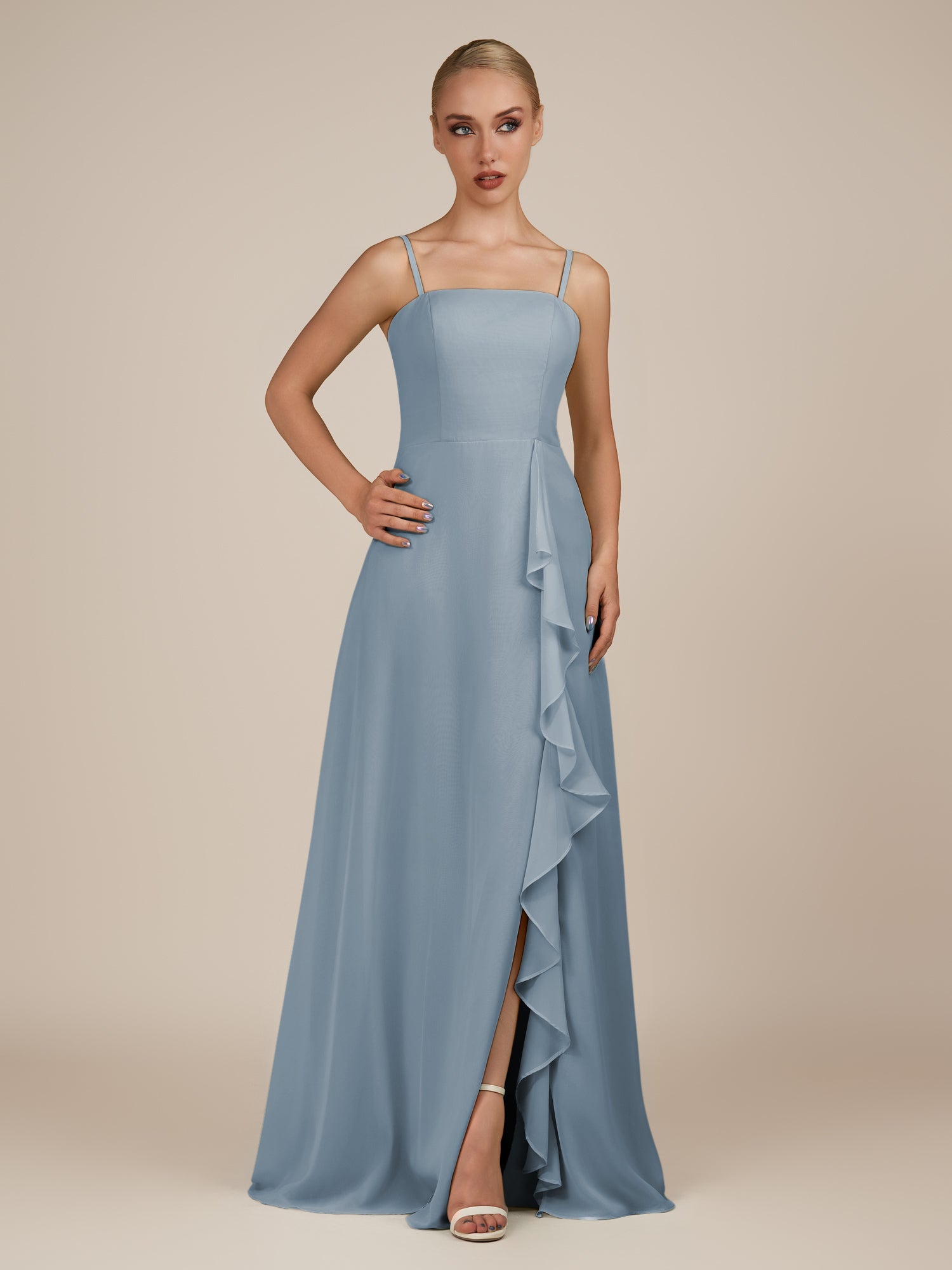 KissDress-Queniva Dusty Blue Sheath Chiffon Spaghetti Straps Ruffles Long Bridesmaid Dress with Slit
