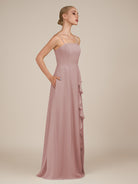 KissDress-Queniva Dusty Rose Sheath Chiffon Spaghetti Straps Ruffles Long Bridesmaid Dress with Slit