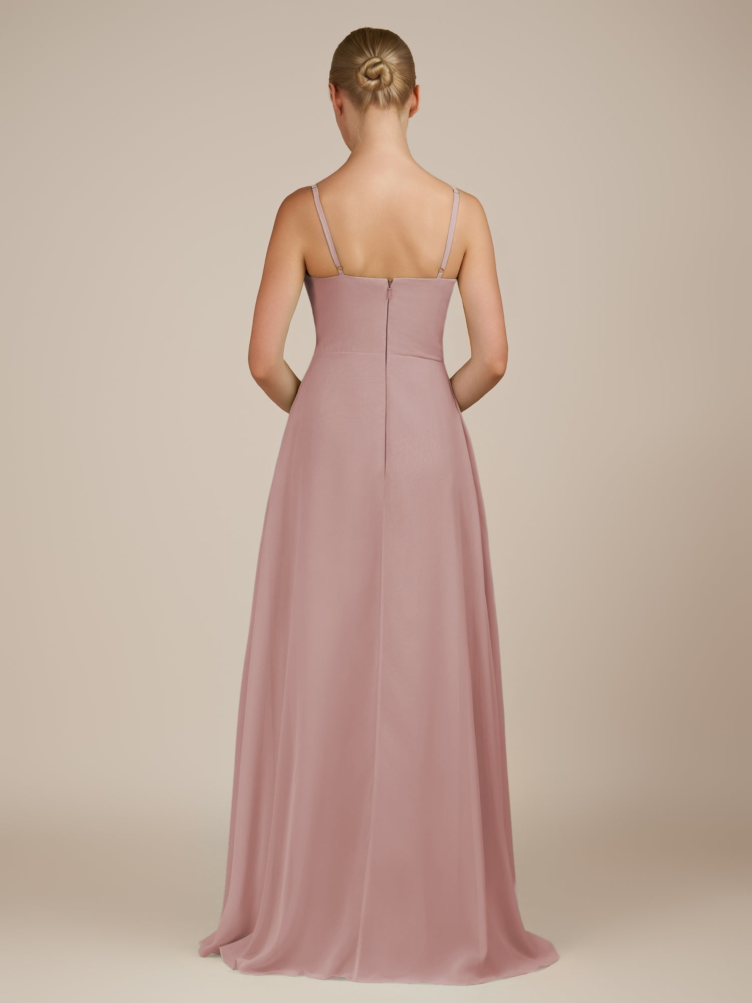 KissDress-Queniva Dusty Rose Sheath Chiffon Spaghetti Straps Ruffles Long Bridesmaid Dress with Slit