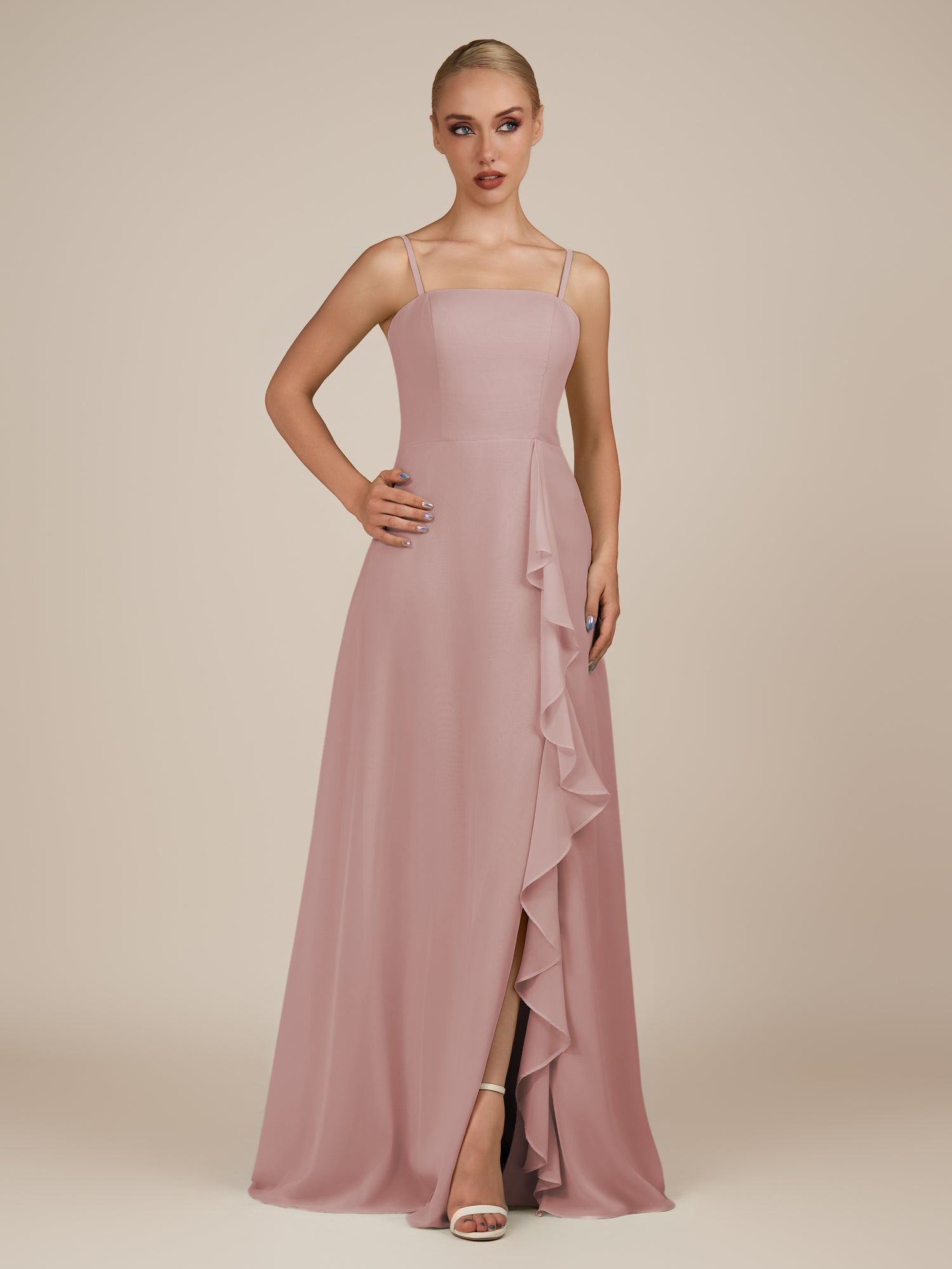 KissDress-Queniva Dusty Rose Sheath Chiffon Spaghetti Straps Ruffles Long Bridesmaid Dress with Slit