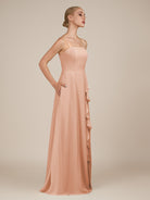 KissDress-Queniva English Rose Sheath Chiffon Spaghetti Straps Ruffles Long Bridesmaid Dress with Slit