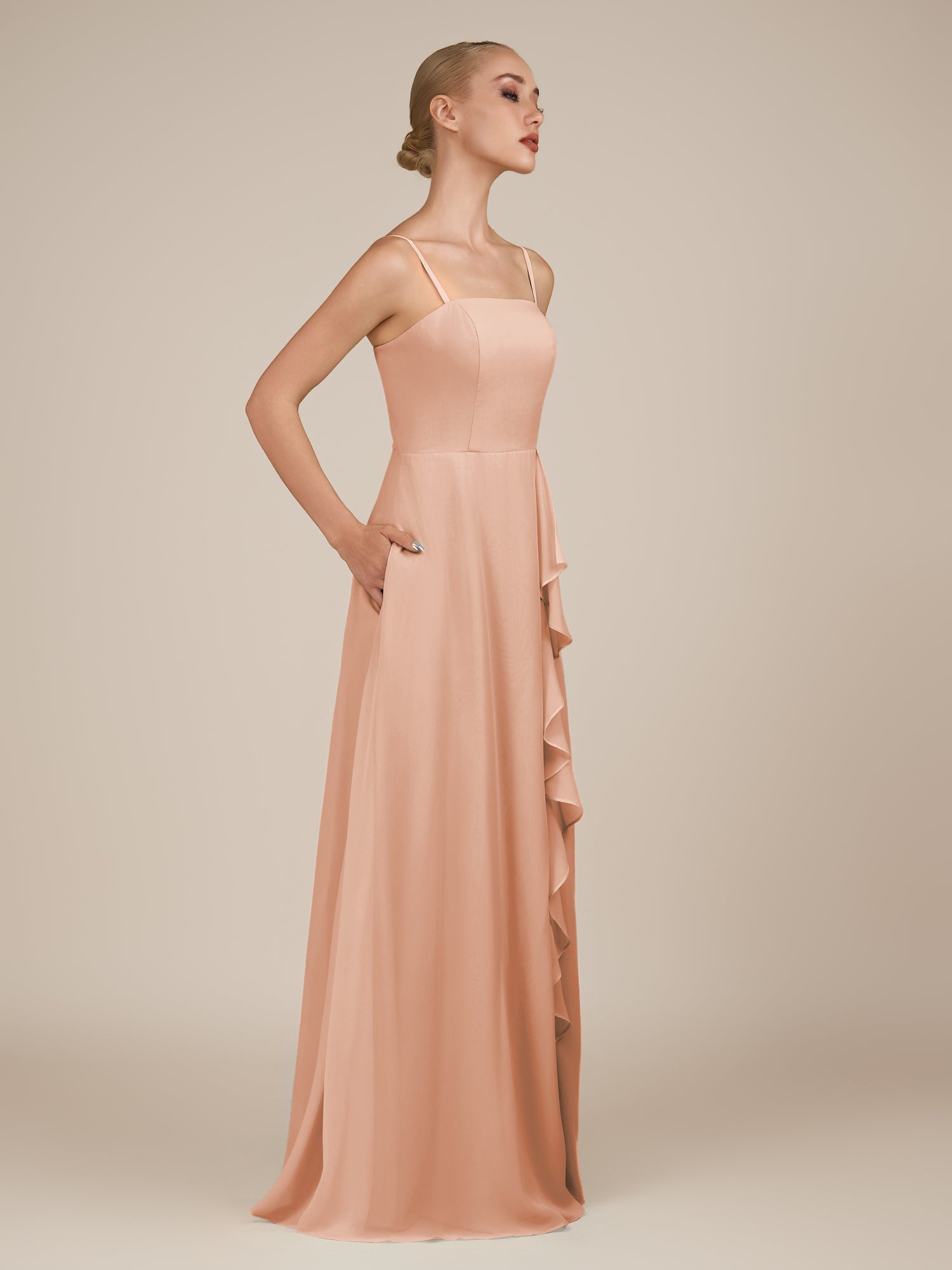 KissDress-Queniva English Rose Sheath Chiffon Spaghetti Straps Ruffles Long Bridesmaid Dress with Slit