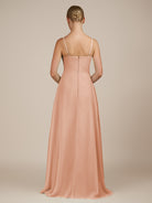 KissDress-Queniva English Rose Sheath Chiffon Spaghetti Straps Ruffles Long Bridesmaid Dress with Slit
