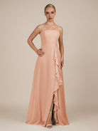 KissDress-Queniva English Rose Sheath Chiffon Spaghetti Straps Ruffles Long Bridesmaid Dress with Slit