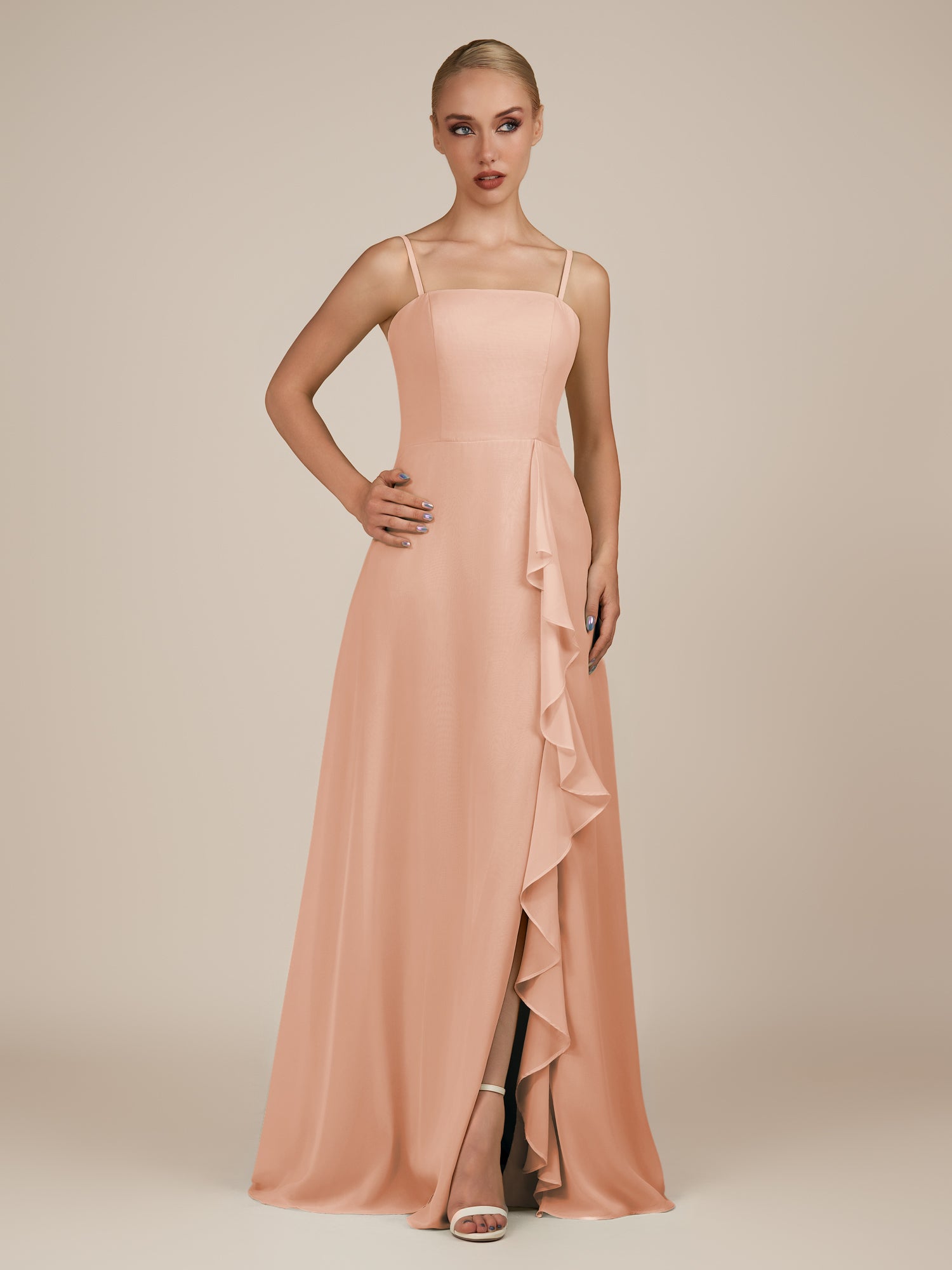 KissDress-Queniva English Rose Sheath Chiffon Spaghetti Straps Ruffles Long Bridesmaid Dress with Slit