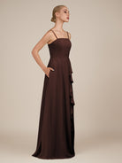 KissDress-Queniva Espresso Sheath Chiffon Spaghetti Straps Ruffles Long Bridesmaid Dress with Slit