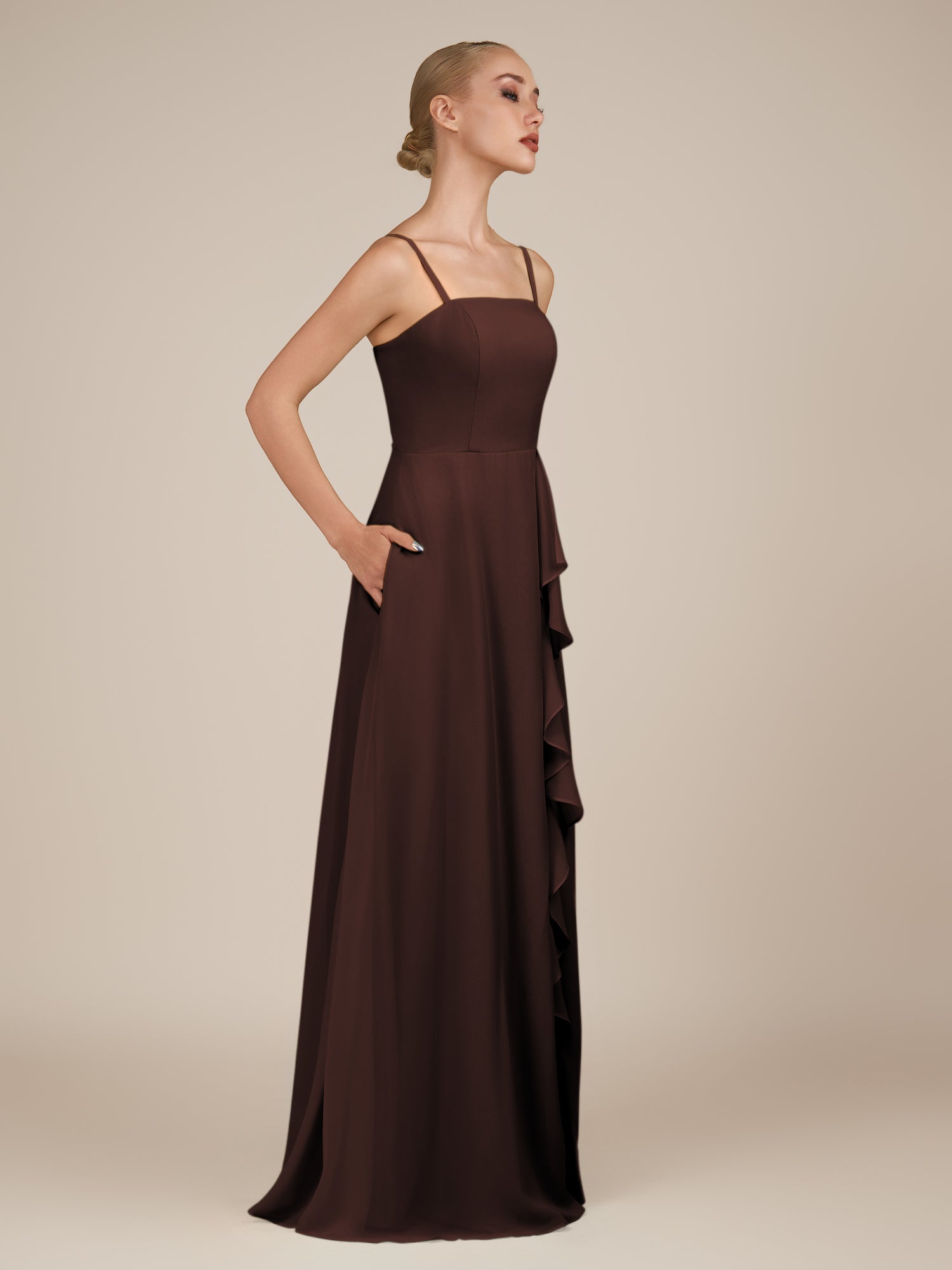 KissDress-Queniva Espresso Sheath Chiffon Spaghetti Straps Ruffles Long Bridesmaid Dress with Slit