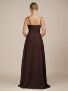 KissDress-Queniva Espresso Sheath Chiffon Spaghetti Straps Ruffles Long Bridesmaid Dress with Slit
