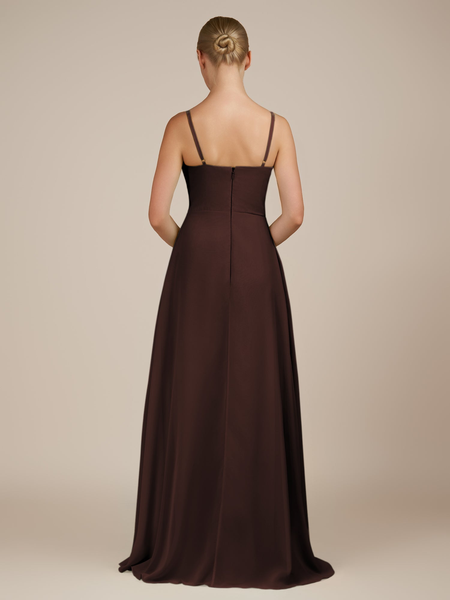 KissDress-Queniva Espresso Sheath Chiffon Spaghetti Straps Ruffles Long Bridesmaid Dress with Slit