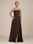 KissDress-Queniva Espresso Sheath Chiffon Spaghetti Straps Ruffles Long Bridesmaid Dress with Slit
