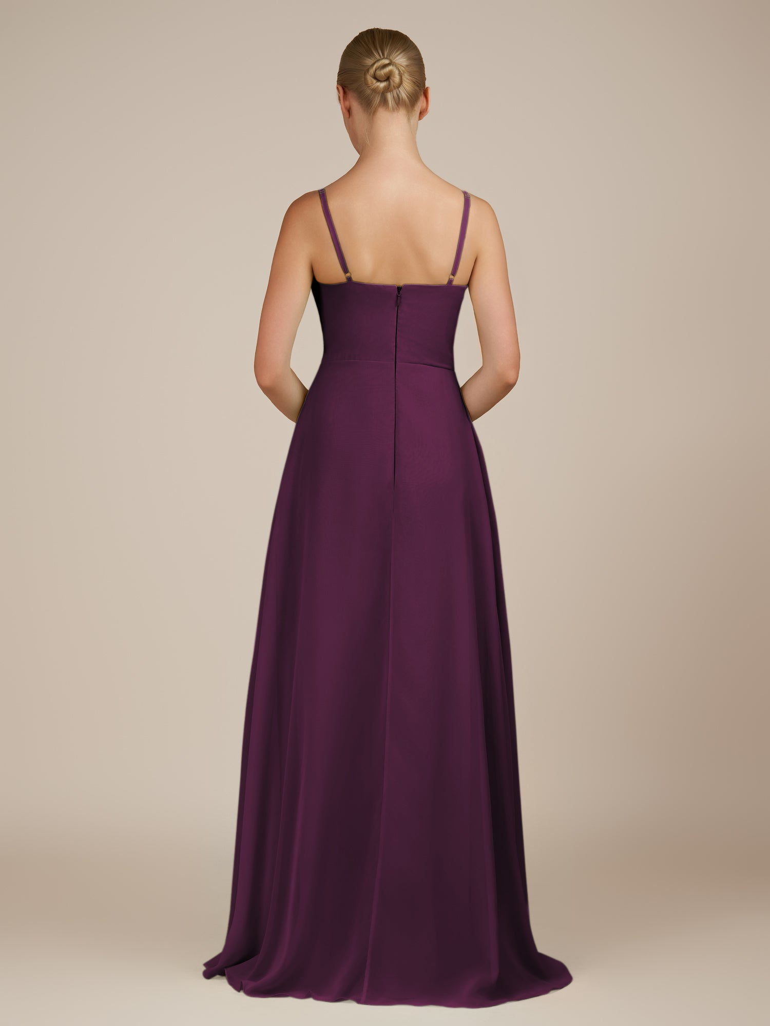 KissDress-Queniva Fig Sheath Chiffon Spaghetti Straps Ruffles Long Bridesmaid Dress with Slit