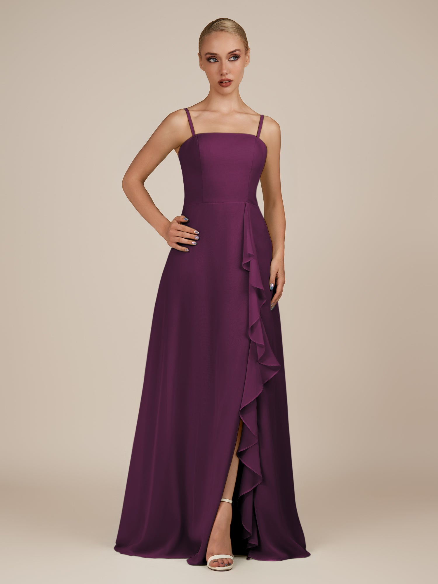 KissDress-Queniva Fig Sheath Chiffon Spaghetti Straps Ruffles Long Bridesmaid Dress with Slit