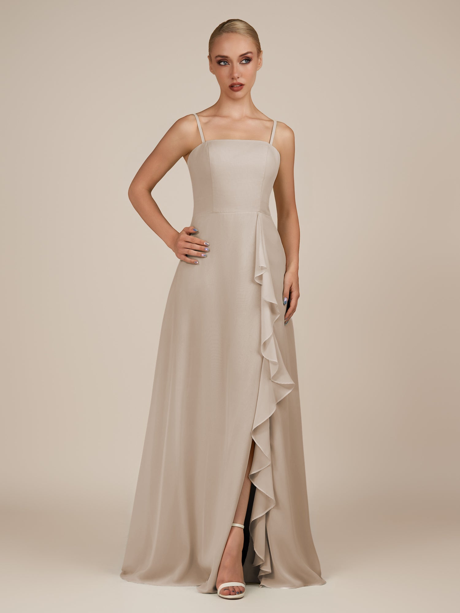 KissDress-Queniva Frost Sheath Chiffon Spaghetti Straps Ruffles Long Bridesmaid Dress with Slit