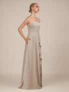 KissDress-Queniva Frost Sheath Chiffon Spaghetti Straps Ruffles Long Bridesmaid Dress with Slit