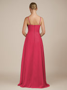 KissDress-Queniva Fuchsia Sheath Chiffon Spaghetti Straps Ruffles Long Bridesmaid Dress with Slit