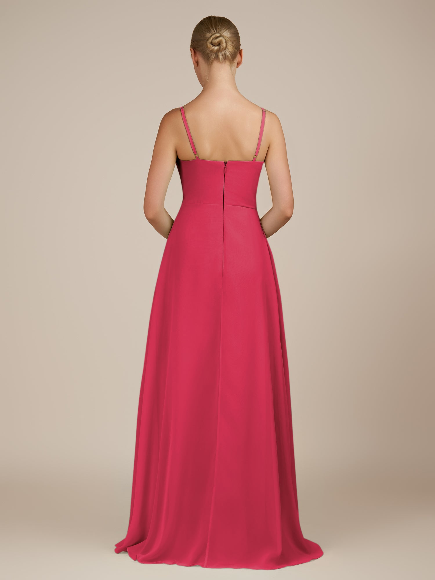 KissDress-Queniva Fuchsia Sheath Chiffon Spaghetti Straps Ruffles Long Bridesmaid Dress with Slit