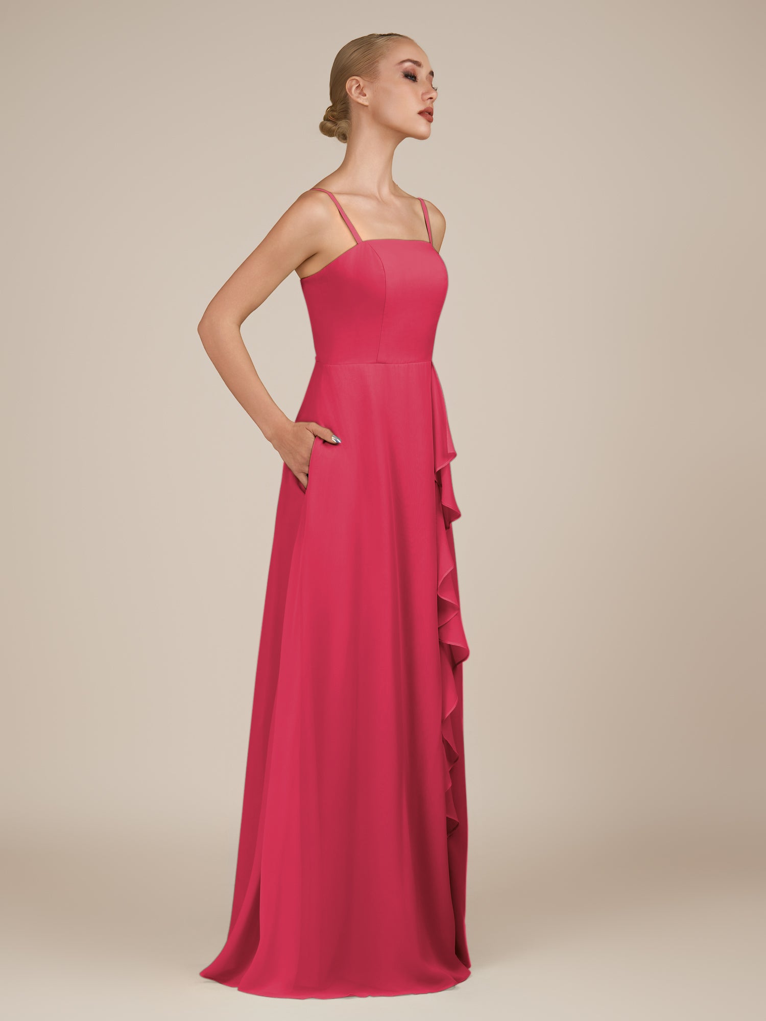 KissDress-Queniva Fuchsia Sheath Chiffon Spaghetti Straps Ruffles Long Bridesmaid Dress with Slit