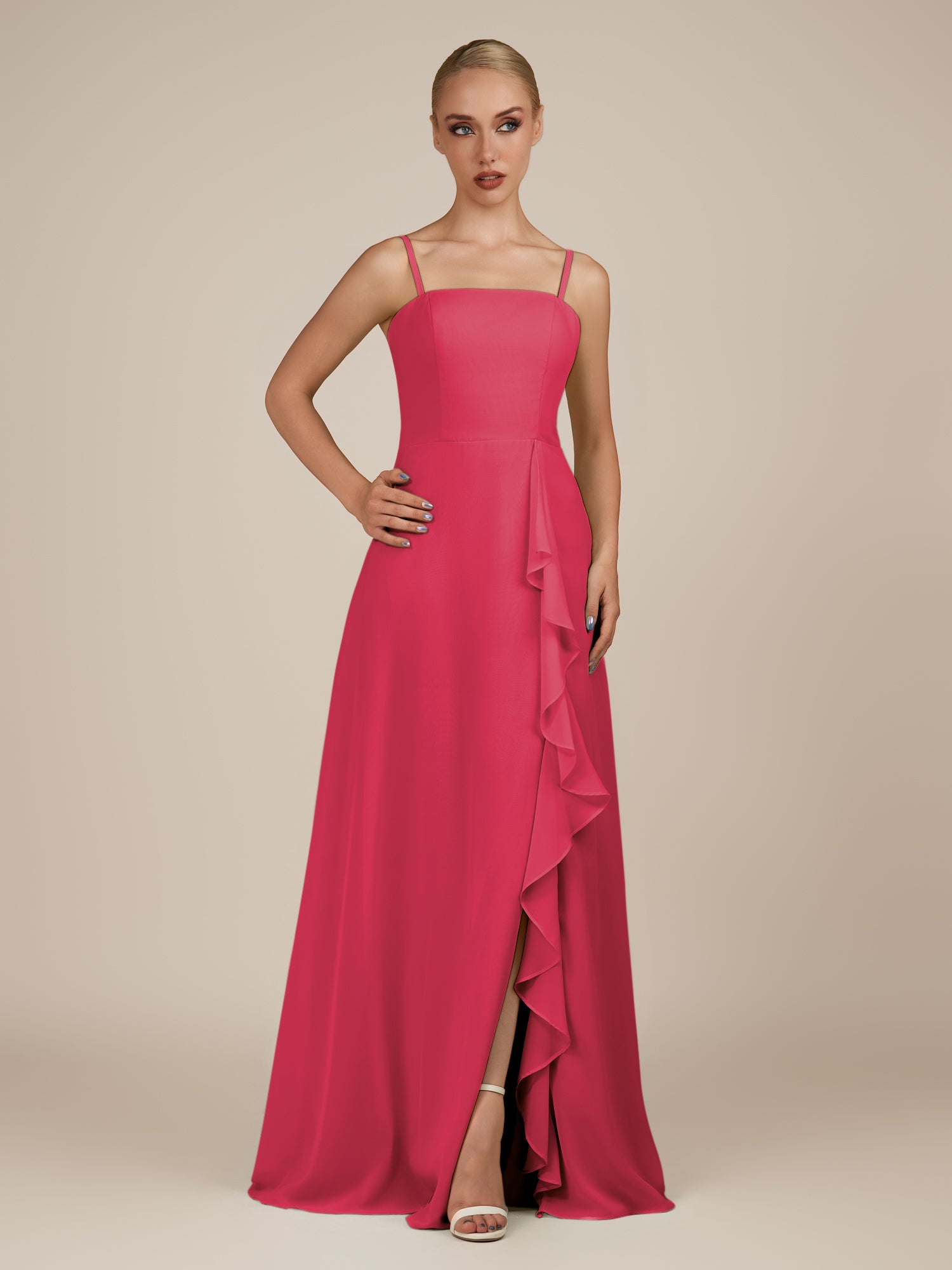 KissDress-Queniva Fuchsia Sheath Chiffon Spaghetti Straps Ruffles Long Bridesmaid Dress with Slit