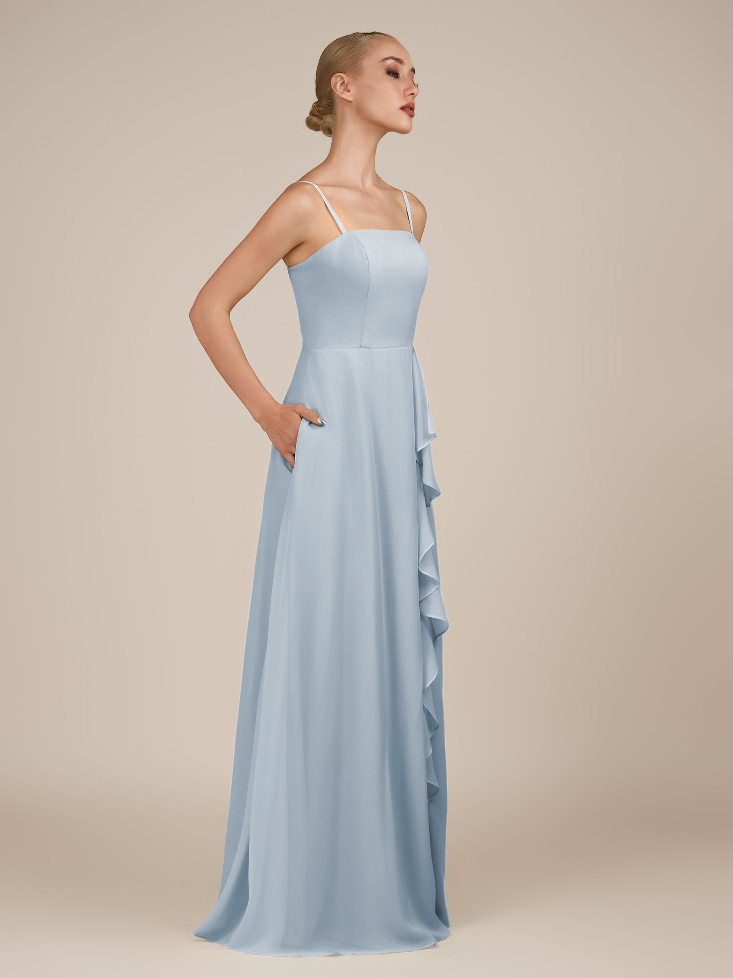 KissDress-Queniva Ice Sheath Chiffon Spaghetti Straps Ruffles Long Bridesmaid Dress with Slit