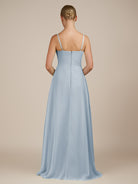 KissDress-Queniva Ice Sheath Chiffon Spaghetti Straps Ruffles Long Bridesmaid Dress with Slit