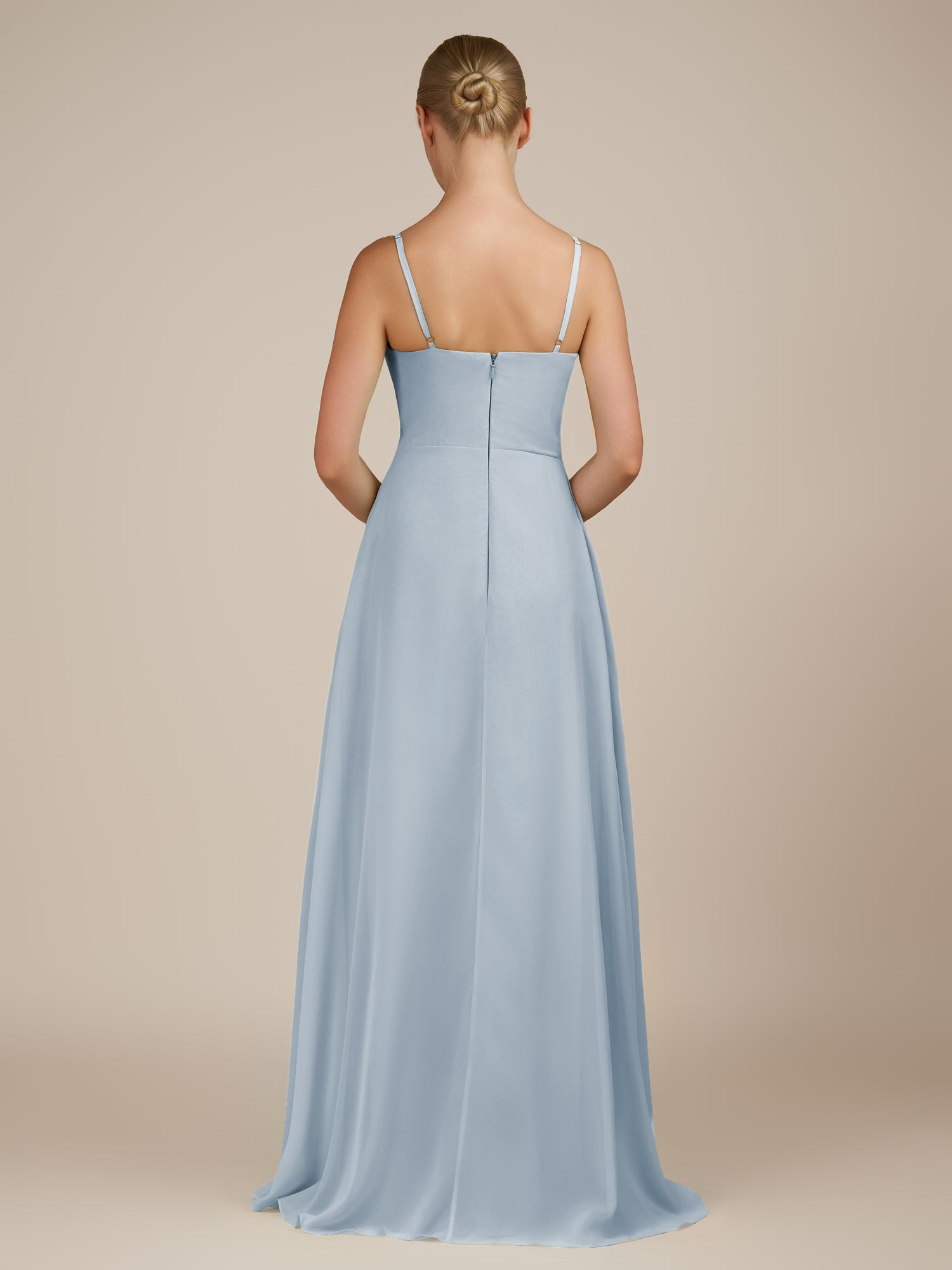 KissDress-Queniva Ice Sheath Chiffon Spaghetti Straps Ruffles Long Bridesmaid Dress with Slit