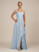 KissDress-Queniva Ice Sheath Chiffon Spaghetti Straps Ruffles Long Bridesmaid Dress with Slit