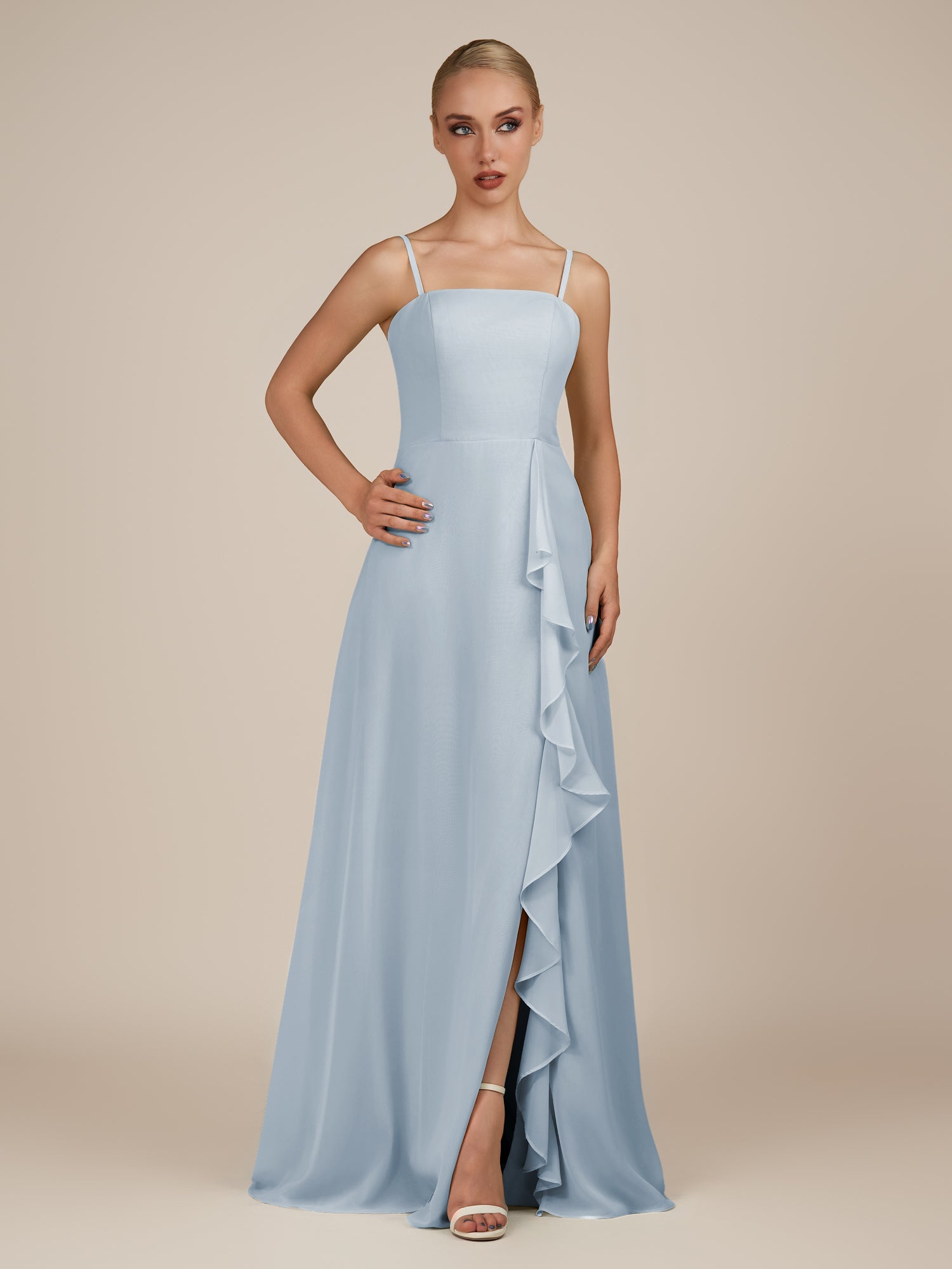 KissDress-Queniva Ice Sheath Chiffon Spaghetti Straps Ruffles Long Bridesmaid Dress with Slit