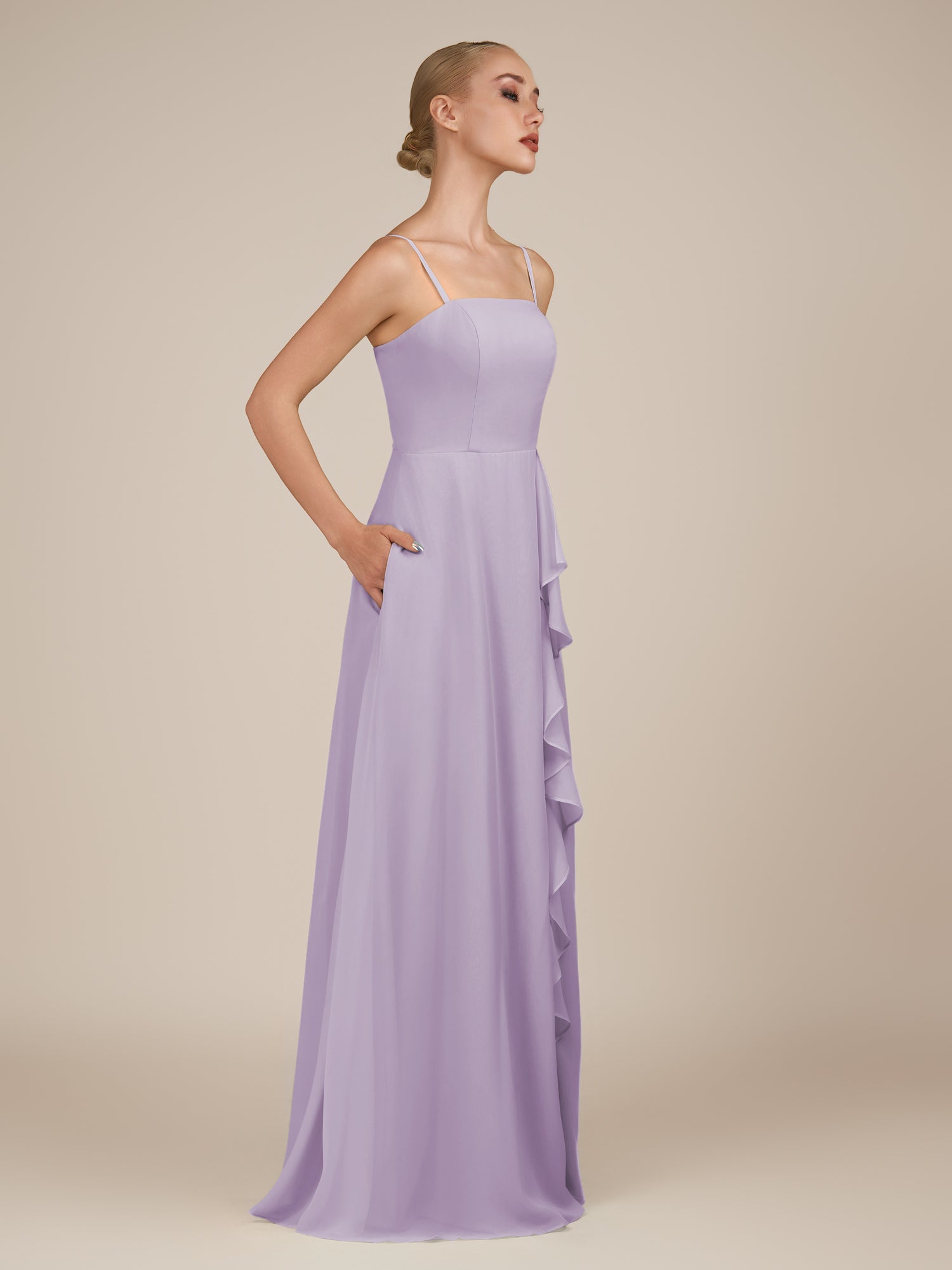 KissDress-Queniva Lavender Sheath Chiffon Spaghetti Straps Ruffles Long Bridesmaid Dress with Slit