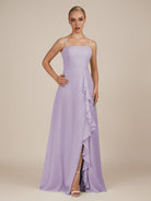 KissDress-Queniva Lavender Sheath Chiffon Spaghetti Straps Ruffles Long Bridesmaid Dress with Slit