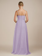 KissDress-Queniva Lavender Sheath Chiffon Spaghetti Straps Ruffles Long Bridesmaid Dress with Slit
