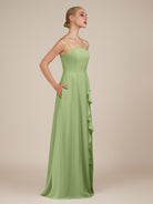 KissDress-Queniva Matcha Sheath Chiffon Spaghetti Straps Ruffles Long Bridesmaid Dress with Slit