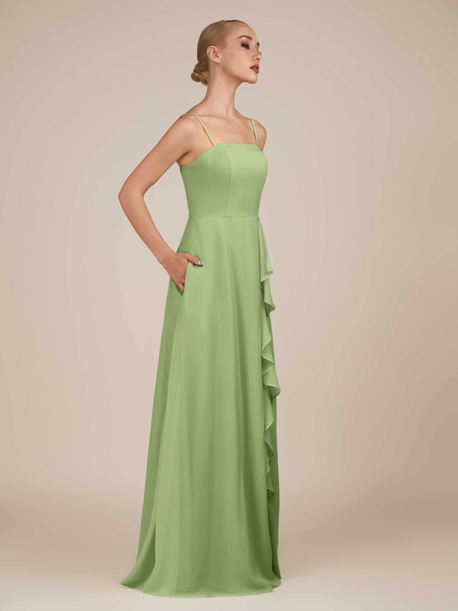 KissDress-Queniva Matcha Sheath Chiffon Spaghetti Straps Ruffles Long Bridesmaid Dress with Slit