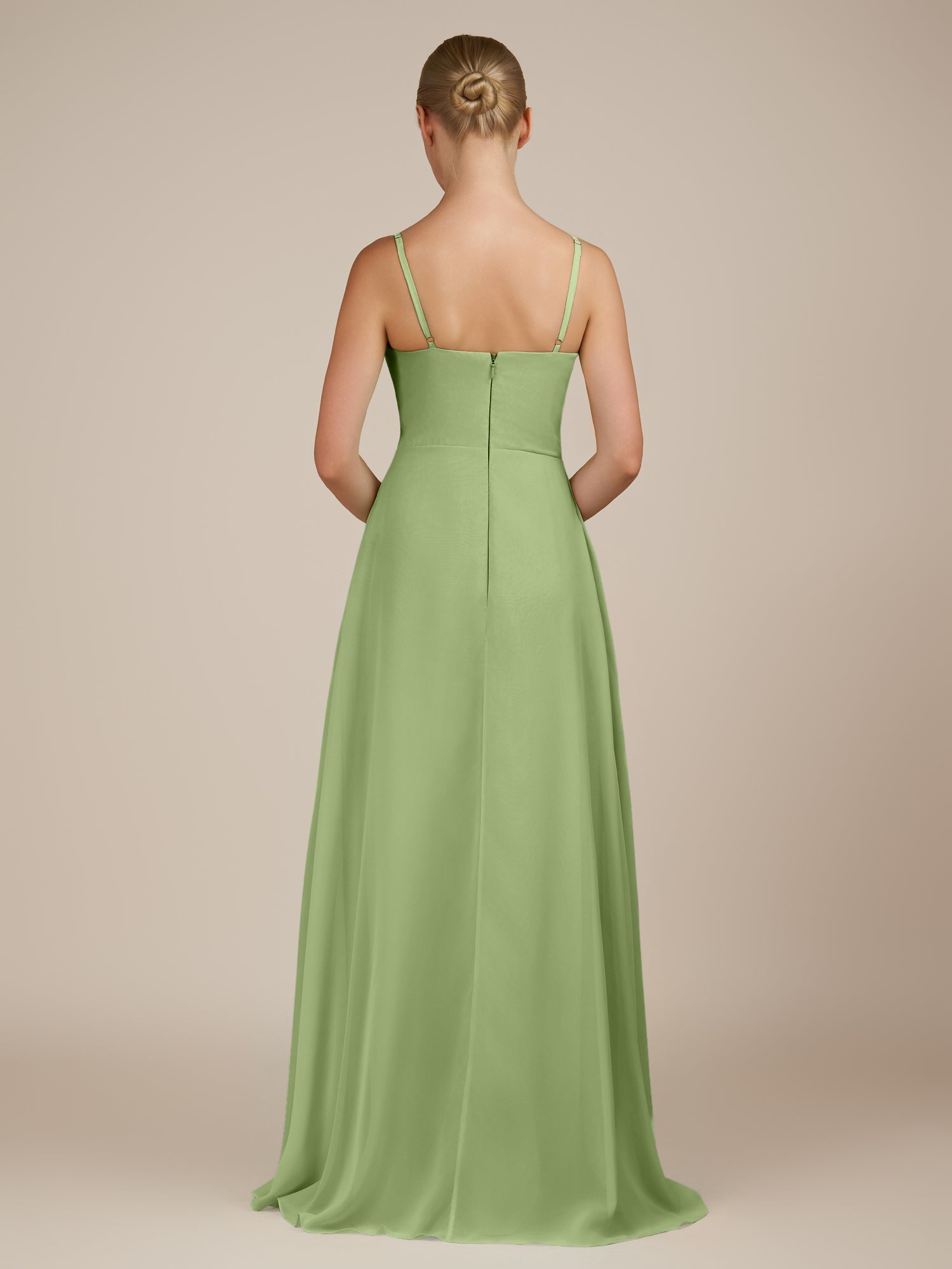 KissDress-Queniva Matcha Sheath Chiffon Spaghetti Straps Ruffles Long Bridesmaid Dress with Slit