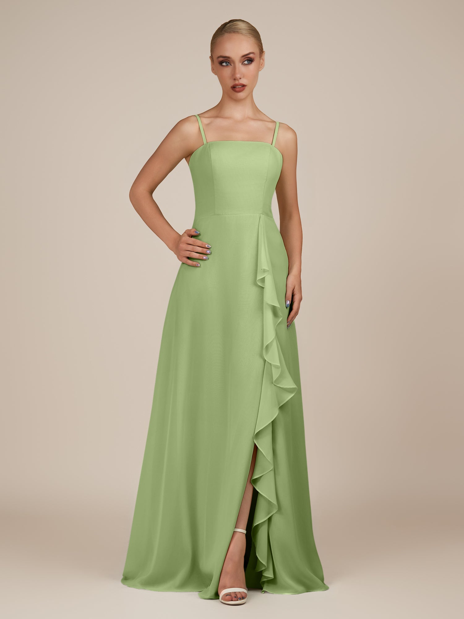 KissDress-Queniva Matcha Sheath Chiffon Spaghetti Straps Ruffles Long Bridesmaid Dress with Slit