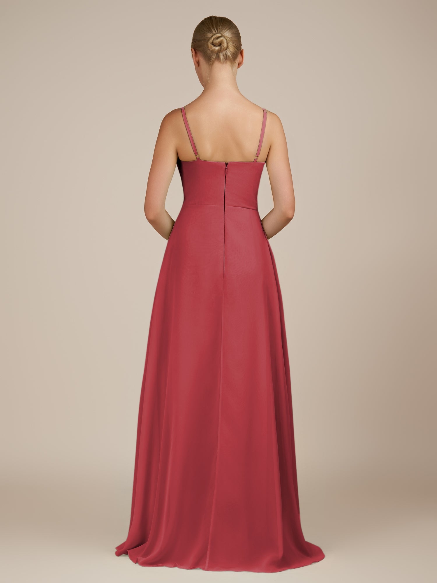 KissDress-Queniva Merlot Sheath Chiffon Spaghetti Straps Ruffles Long Bridesmaid Dress with Slit