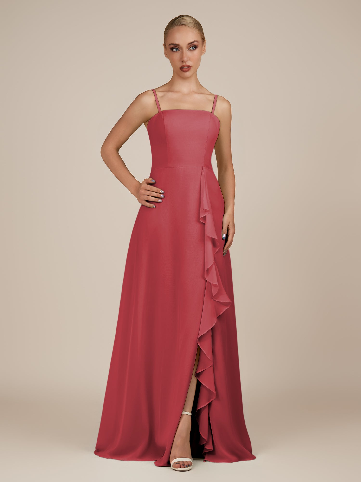 KissDress-Queniva Merlot Sheath Chiffon Spaghetti Straps Ruffles Long Bridesmaid Dress with Slit