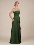 KissDress-Queniva Moss Sheath Chiffon Spaghetti Straps Ruffles Long Bridesmaid Dress with Slit