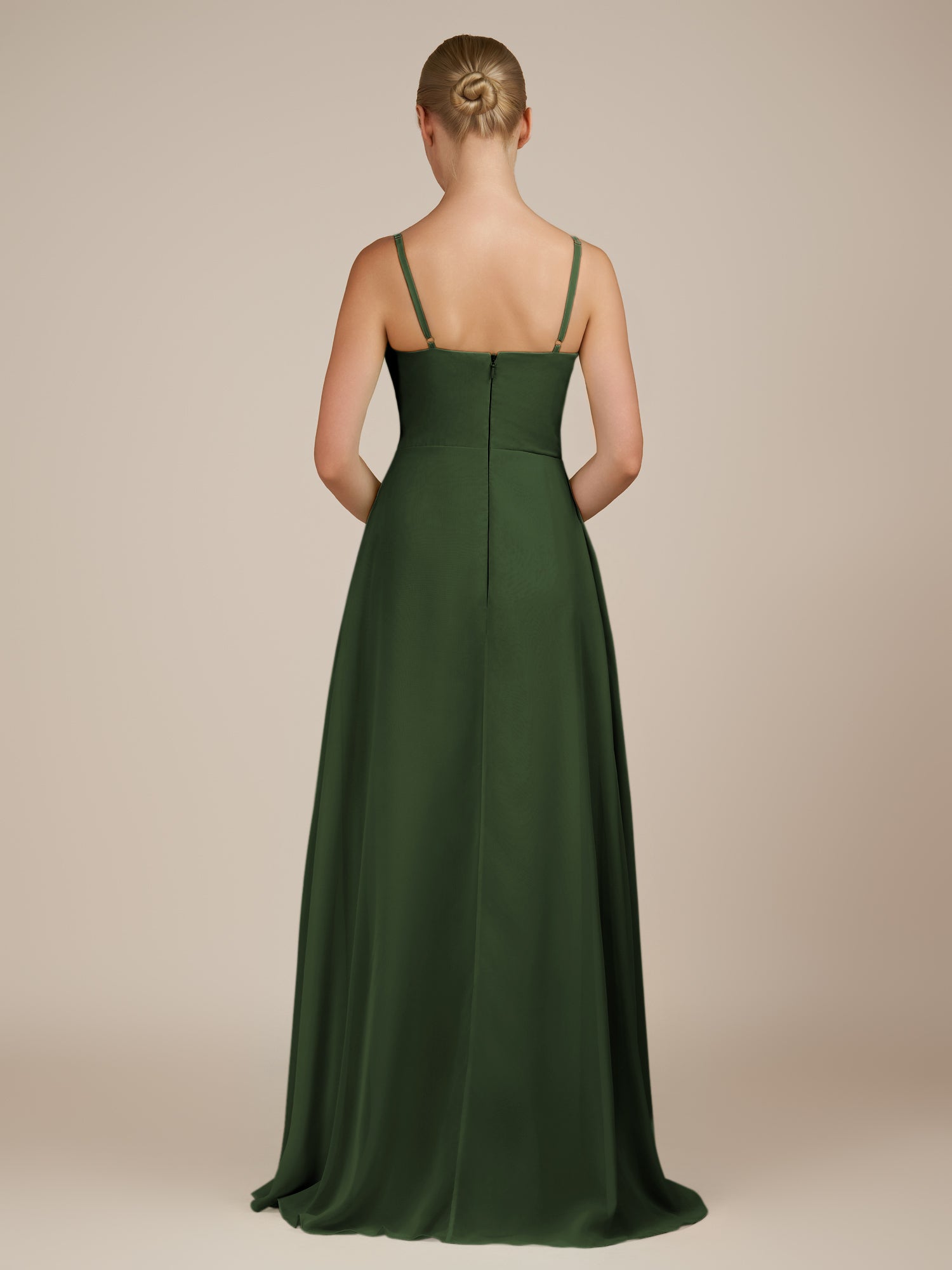 KissDress-Queniva Moss Sheath Chiffon Spaghetti Straps Ruffles Long Bridesmaid Dress with Slit