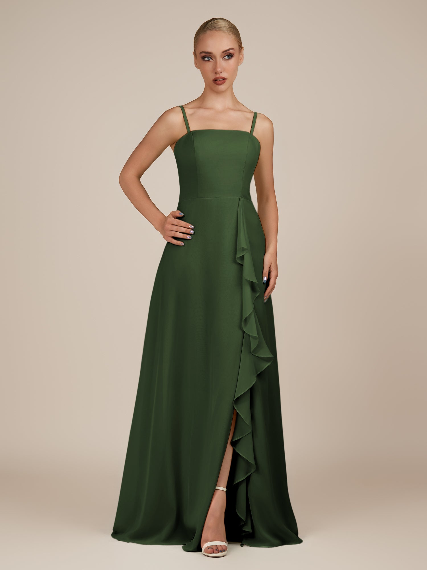 KissDress-Queniva Moss Sheath Chiffon Spaghetti Straps Ruffles Long Bridesmaid Dress with Slit