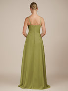 KissDress-Queniva Moss Green Sheath Chiffon Spaghetti Straps Ruffles Long Bridesmaid Dress with Slit