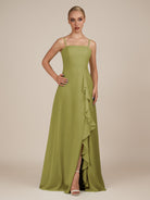KissDress-Queniva Moss Green Sheath Chiffon Spaghetti Straps Ruffles Long Bridesmaid Dress with Slit