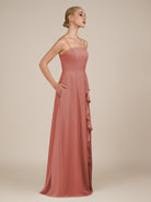 KissDress-Queniva Mulberry Sheath Chiffon Spaghetti Straps Ruffles Long Bridesmaid Dress with Slit