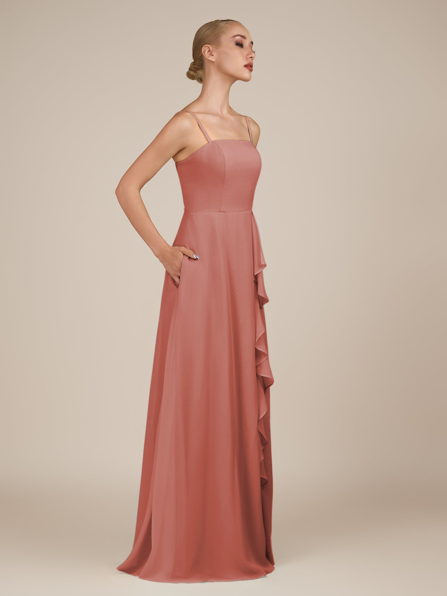 KissDress-Queniva Mulberry Sheath Chiffon Spaghetti Straps Ruffles Long Bridesmaid Dress with Slit