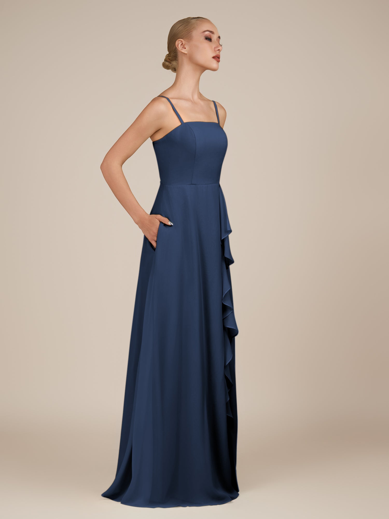 KissDress-Queniva Navy Sheath Chiffon Spaghetti Straps Ruffles Long Bridesmaid Dress with Slit