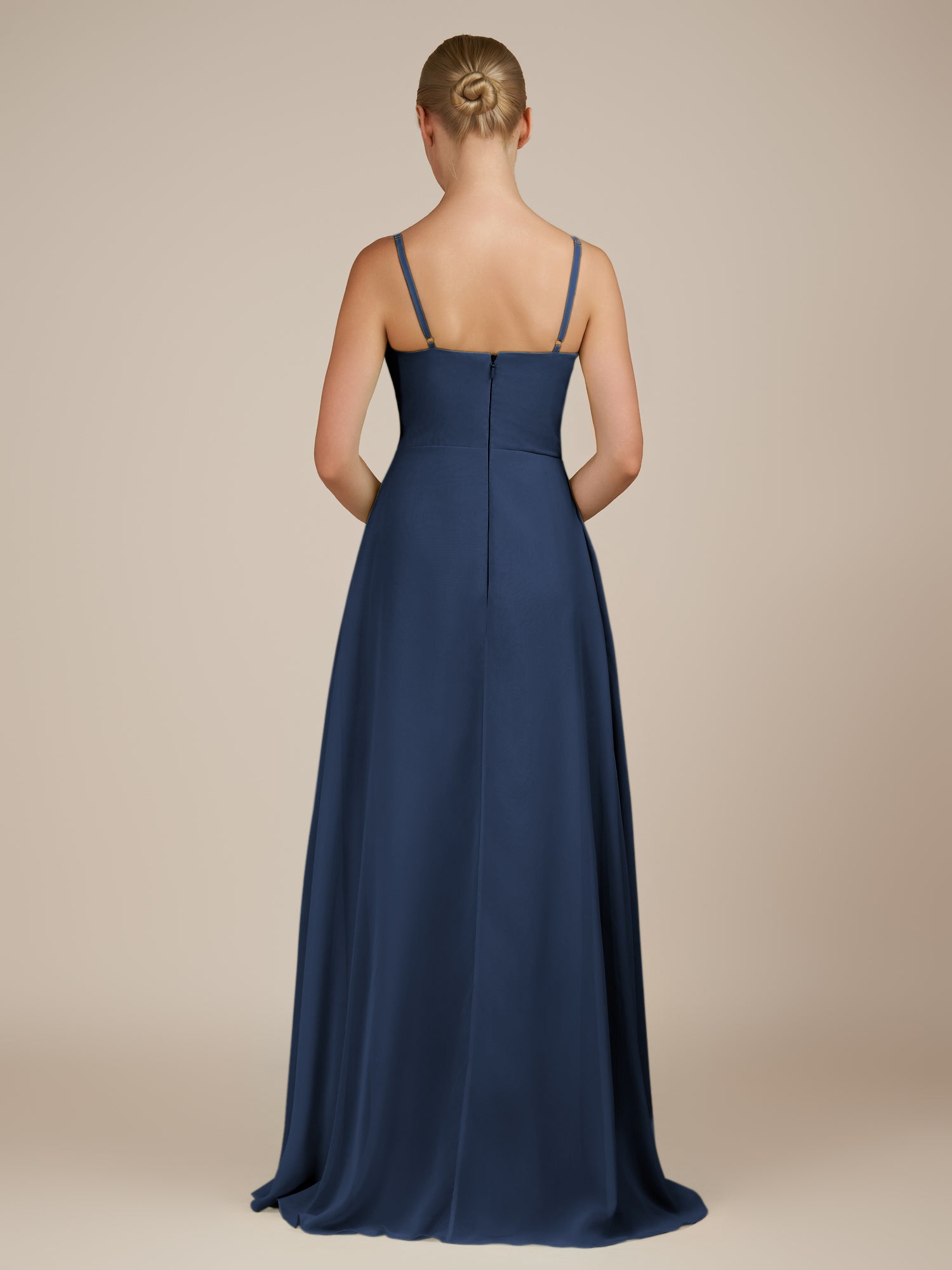 KissDress-Queniva Navy Sheath Chiffon Spaghetti Straps Ruffles Long Bridesmaid Dress with Slit