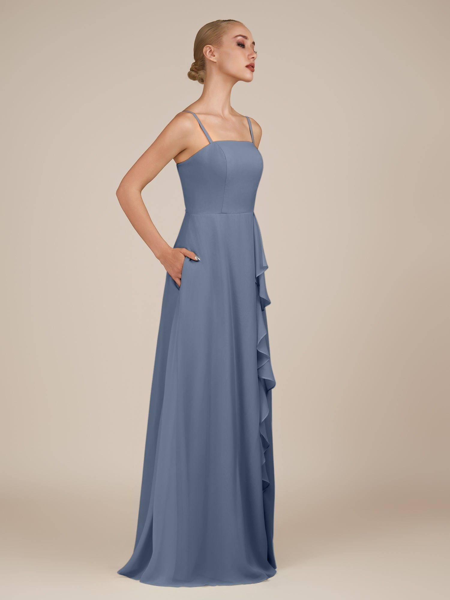 KissDress-Queniva Neptune Sheath Chiffon Spaghetti Straps Ruffles Long Bridesmaid Dress with Slit