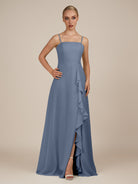 KissDress-Queniva Neptune Sheath Chiffon Spaghetti Straps Ruffles Long Bridesmaid Dress with Slit